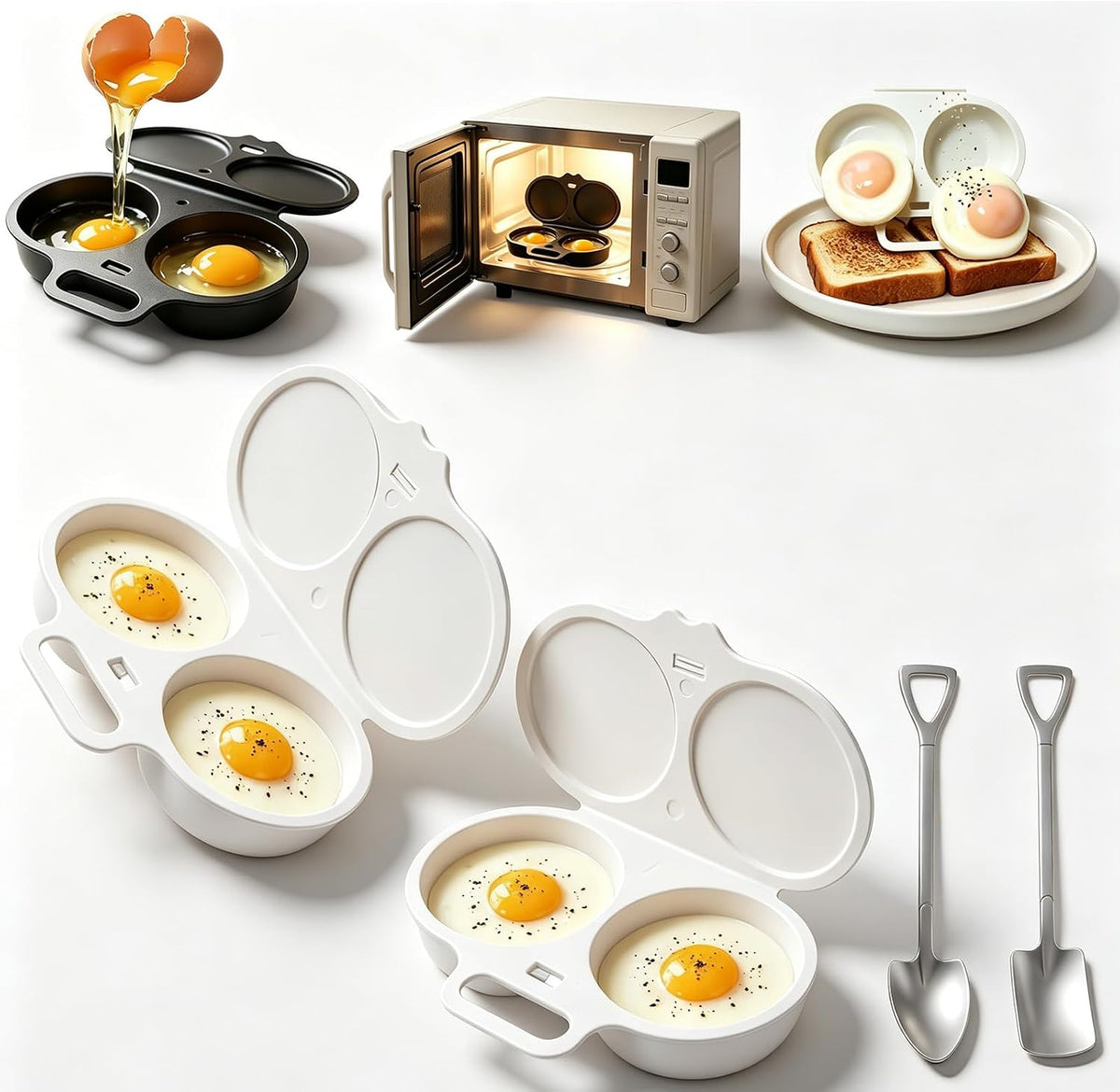 2027 Dual Cavity Microwave Egg Poacher With Lid & Handle，Black*2