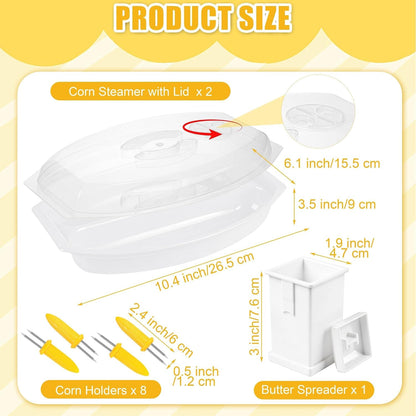 Aneco 2 Piece Microwave Corn Steamer with Lid for Frozen Corns Broccolini Vegetables Dishwasher Safe Corn on The Cob Cooker Holders Butter Dispenser, White