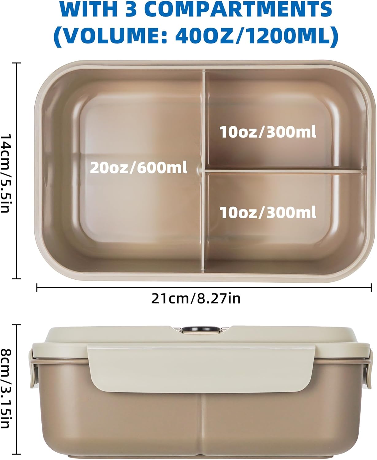 Fanhaw 40 Oz/5 Cup Bento Box for Kids, Men and Women, Lunch Box with 3 Compartments, Utensil, Microwave & Dishwasher Safe (Green)