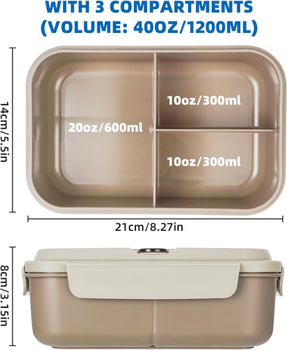 Fanhaw 40 Oz/5 Cup Bento Box for Kids, Men and Women, Lunch Box with 3 Compartments, Utensil, Microwave & Dishwasher Safe (Green)