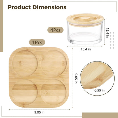 Glass Snack Serving Set with Wooden Lids and Tray, 9.1 x 9.1 in Chip and Dip Serving Platter, Small Airtight Glass Divided Dishes for Candies, Nuts, Dried Fruits, Snack, Condiments