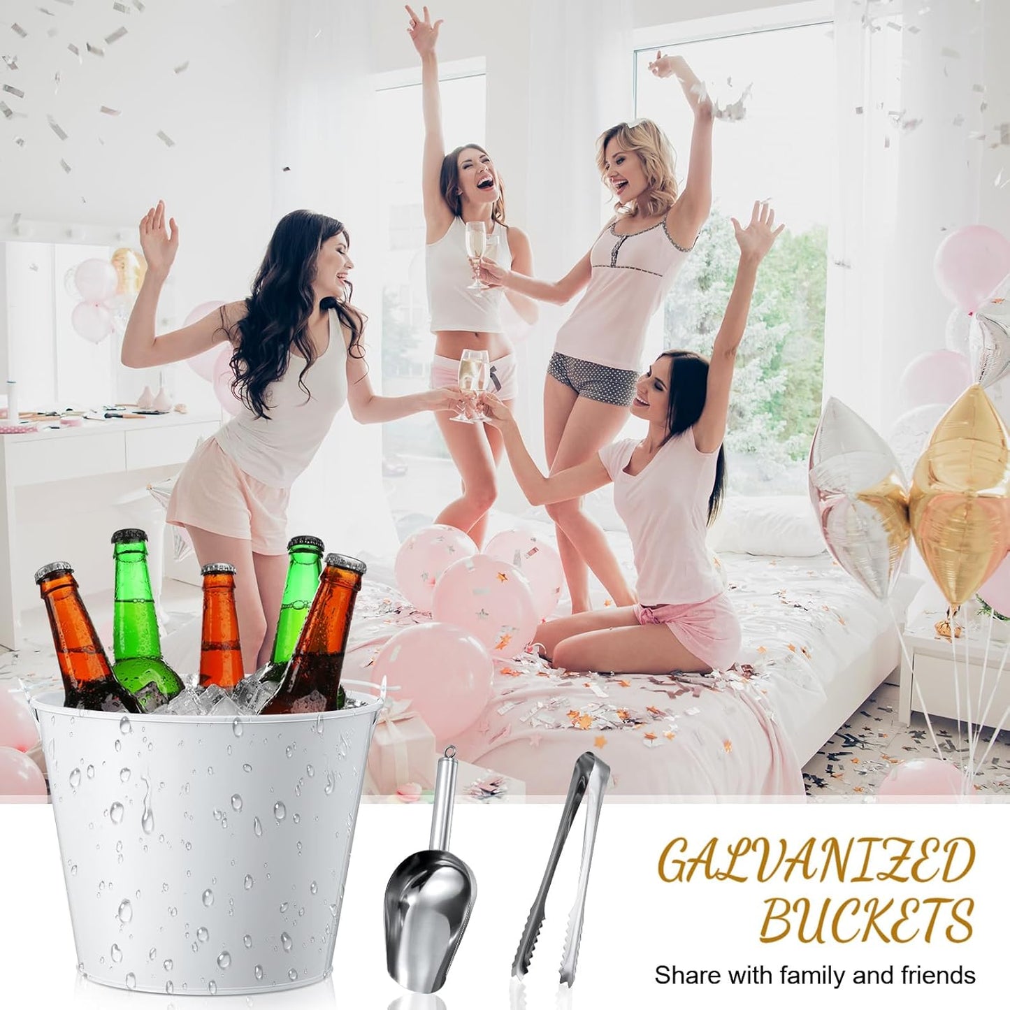 Zopeal 12 Pcs Galvanized Beer Bucket Set, Includes 8 Metal Ice Buckets 5qt with 2 Scoops & 2 Tongs, Round Slive Pails Bulk for Weddings Birthday Beach Pool Party Supplies Summer Table Centerpieces