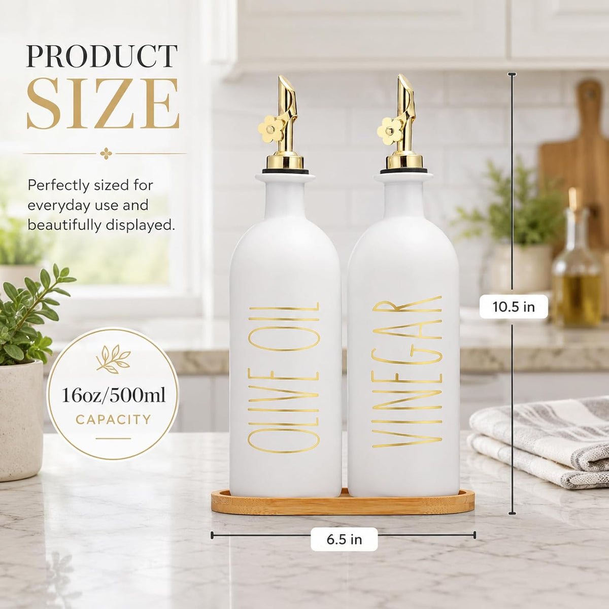HOMCDALY Premium Olive Oil Dispenser for Kitchen, 11.8oz Glass Oil Bottles with Bamboo Tray, White Oil&Vinegar Cruet Set, Kitchen Dispenser Bottles with Pourer| Set of 2 (11.8oz –P–White)