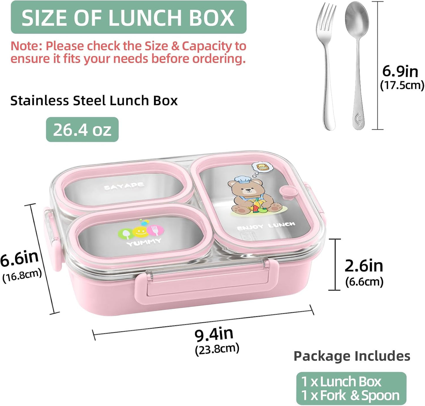 Stainless Steel Bento Lunch Box for Kids, 26.4 oz Leak-Proof 3-Compartment Metal Bento Box, BPA-Free, Cute Cartoon Meal Prep Snack Container with Utensils for School, Office, Travel - Pink