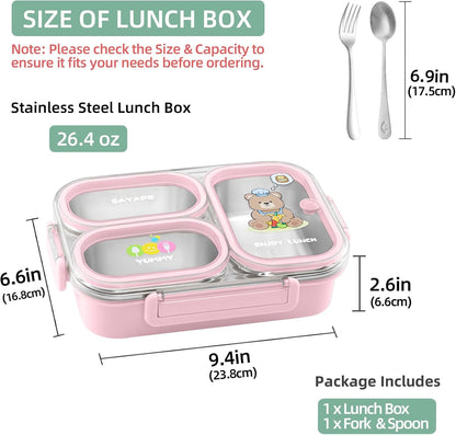 Stainless Steel Bento Lunch Box for Kids, 26.4 oz Leak-Proof 3-Compartment Metal Bento Box, BPA-Free, Cute Cartoon Meal Prep Snack Container with Utensils for School, Office, Travel - Pink
