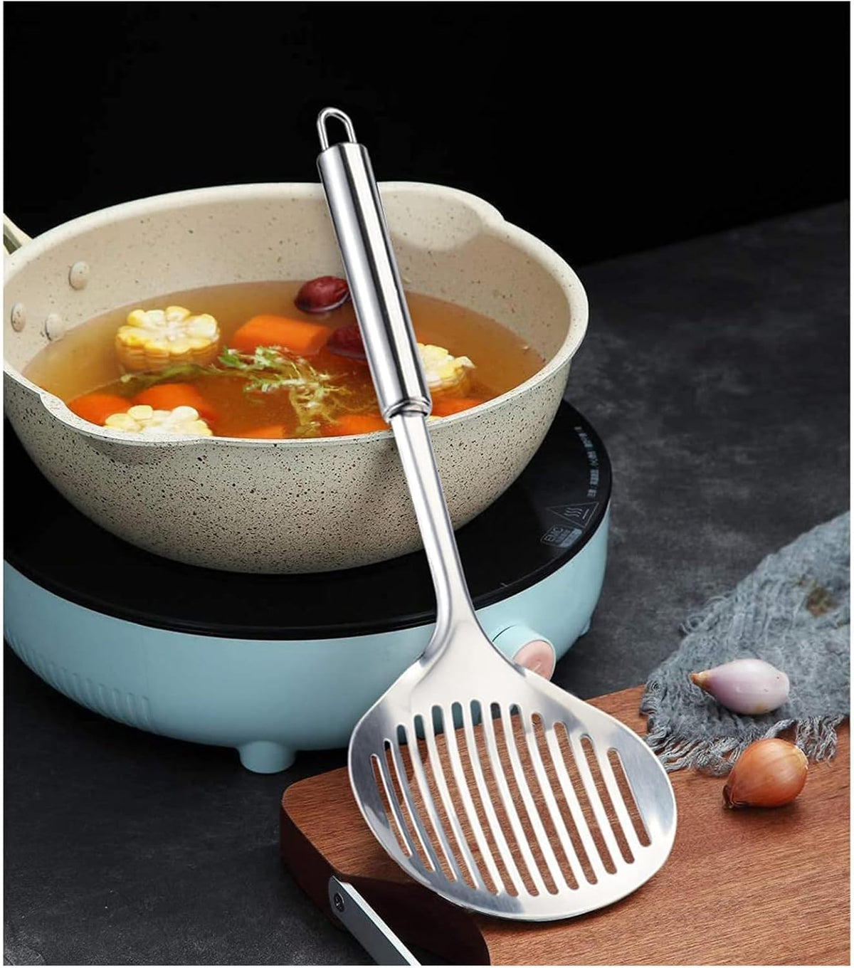 TENTA Kitchen Multi Kitchen Utensil Stainless Steel Cooking Skimmer Slotted Fish Turner Spatula Spoon Colander Drain Water Filter Spoon Hot Pot Scoop Comfortable Grip Design Strainer Ladle for Kitchen
