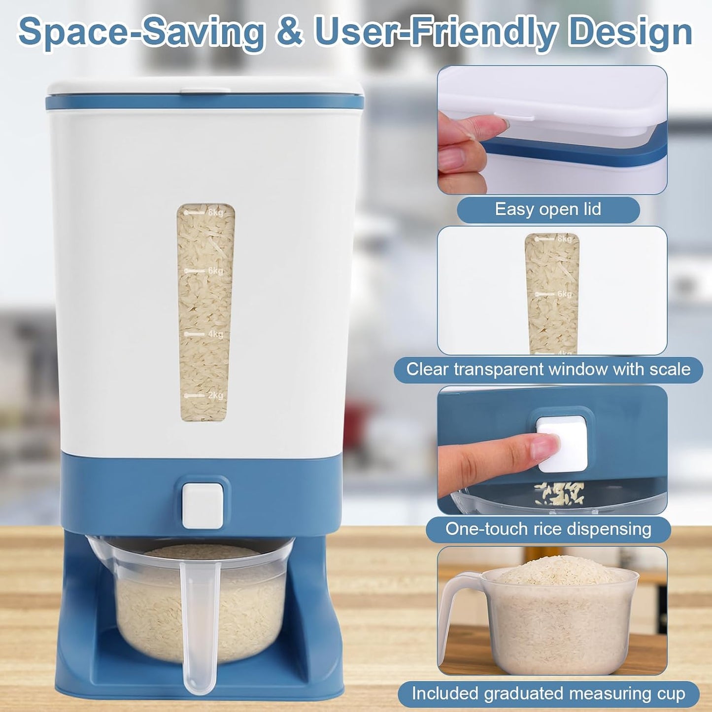 Mity rain Rice Dispenser 20 Lbs with Moisture Absorbing Clay, Rice Storage Container with Measuring Cup, 12 L Cereal Containers Storage Airtight for Kitchen Pantry Organization