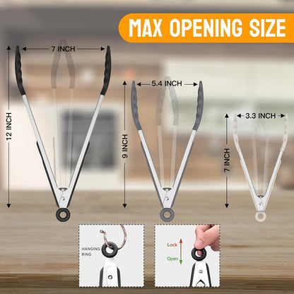 HOTEC Premium Stainless Steel Locking Kitchen Tongs with Silicon Tips, Set of 2-9" and 12"