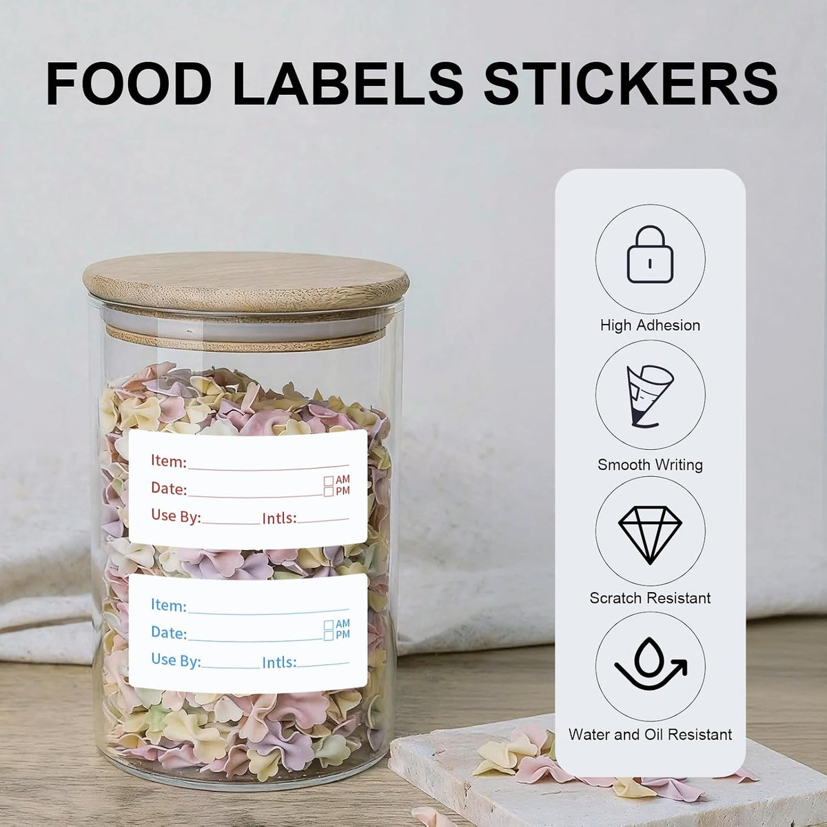 Removable Food Labels 2 Rolls 1000 Pcs Waterproof Oil-Resistant Write-On Date Stickers with Bonus Pen Freezer Refrigerator Food Container Labels for Meal Prep & Organization