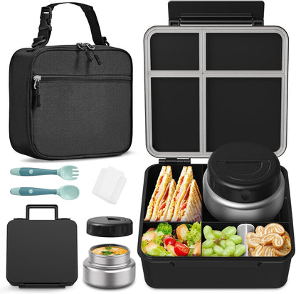 Bento Box for Kids with Thermo Food Container (9oz), 4-Compartment Lunch Box, Adjustable Divider, Leakproof Bento Lunch Box, Includes Utensils & Carry Bag for School, Office(Blue)