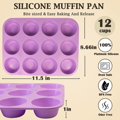 24 Cups Silicone Mini Muffin Pan Set, Nonstick Mini Cupcake Pans, BPA Free Small Muffin Tin for Baking, Set of 2 (Green+Purple)