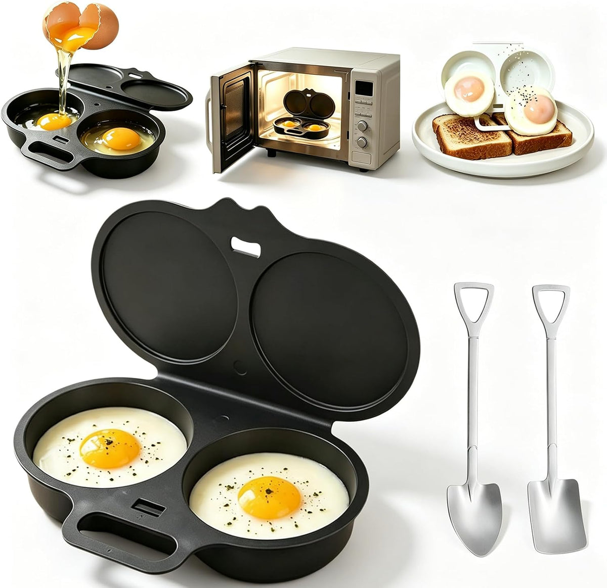 2027 Dual Cavity Microwave Egg Poacher With Lid & Handle，Black*2