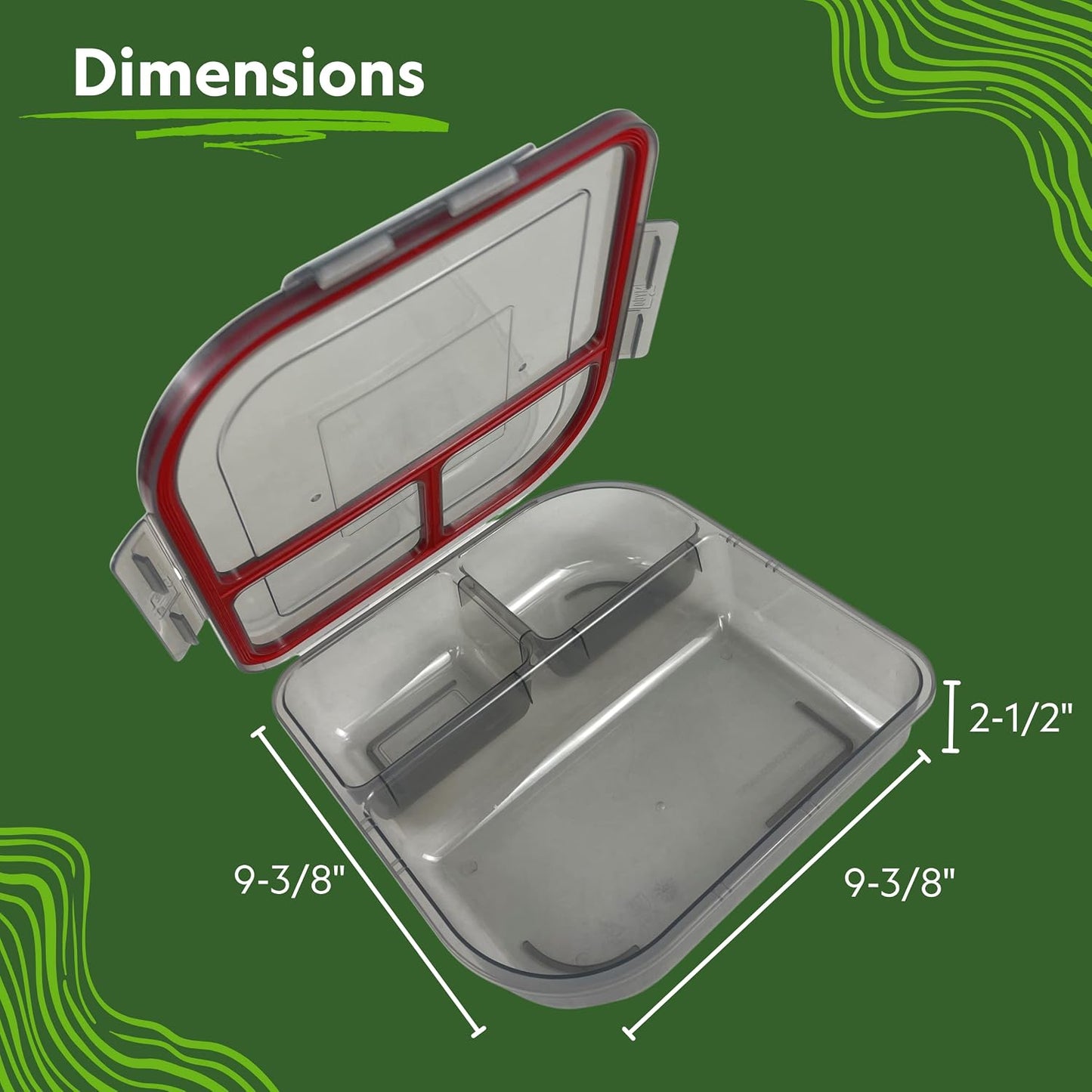 Large To-Go 3-Compartment Food Container, 9-3/8" X 9-3/8" X 2-1/2", Reusable, Microwave Safe, Smoke/Red