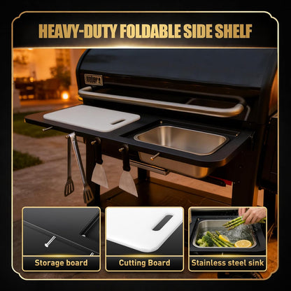 QuliMetal Folding Front Shelf for Traeger Pro 34, Texas Elite 34, Century 885 and Eastwood 34, 37" x 12" Heavy-Duty Grill Prep Table with Cutting Board, Stainless Steel Basin, Lid and 5 Hooks