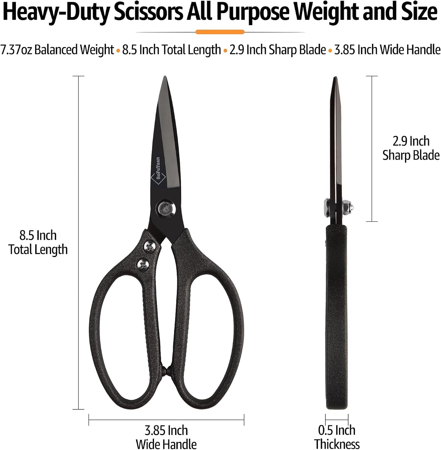 BoFuYuan 8.5 Inch Heavy Duty Scissors, Cut Cardboard Carpet Fabric Leather | Japanese Stainless Steel Sharp Blades, Aluminum grip, Ambidextrous, Utility Multipurpose Shears for Kitchen Garden Workshop