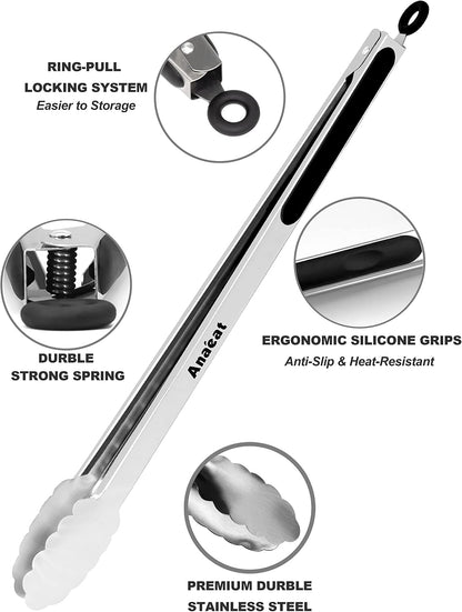 Anaeat Premium Kitchen Locking Tong Set of 3 - Heavy Duty Stainless Steel Food Tongs with Long Handle & Non-Slip Silicone Grip for Cooking, Baking, Grilling - Heat Resistant up to 480°F