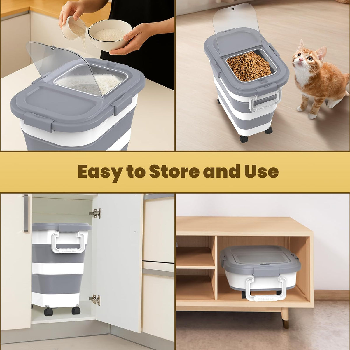 HOYTAMDA 28-40Lbs Rice Container,Collapsible Airtight Food Storage Containers with Wheels,Handle,Rice Storage Container with Small Bin and Scoop,Rice Dispenser for Flour Sugar Cereal Grain Dog Cat