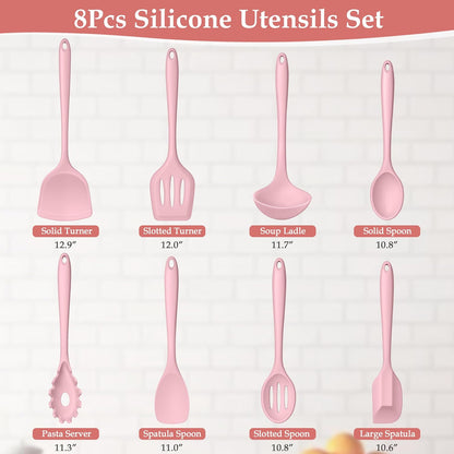 LIANYU Non-Toxic Silicone Kitchen Utensils Set, 8 Piece Non-Scratch Cooking Spoons & Spatulas, Stainless Steel Core, Heat Resistant & Dishwasher Safe, Khaki