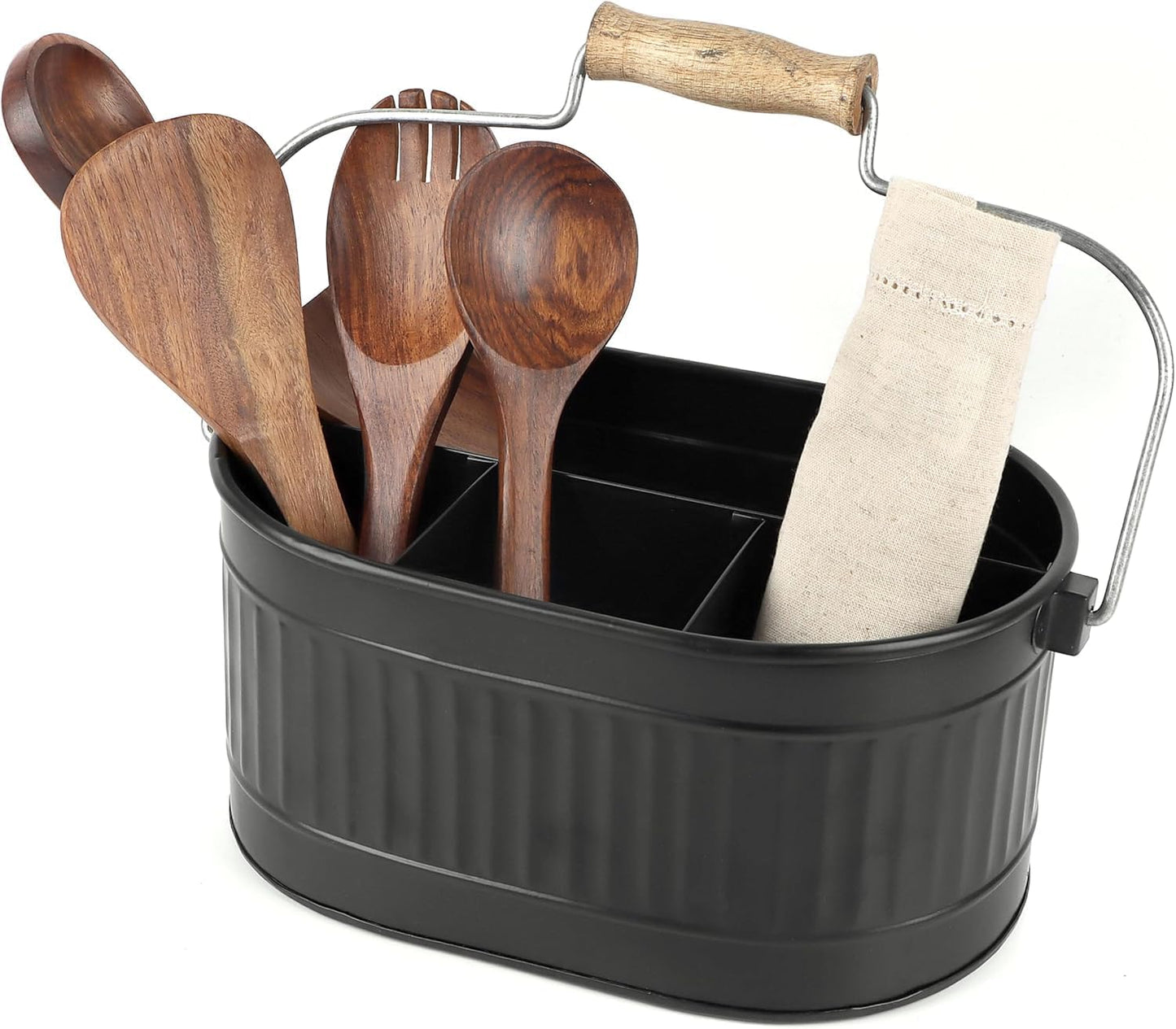 CLEENTABLE Rustic Galvanized Utensil Caddy - Farmhouse Silverware Holder for Kitchen, Dining, Picnic, Parties - Durable Cutlery Organizer with Handle, Countertop Storage (Black)
