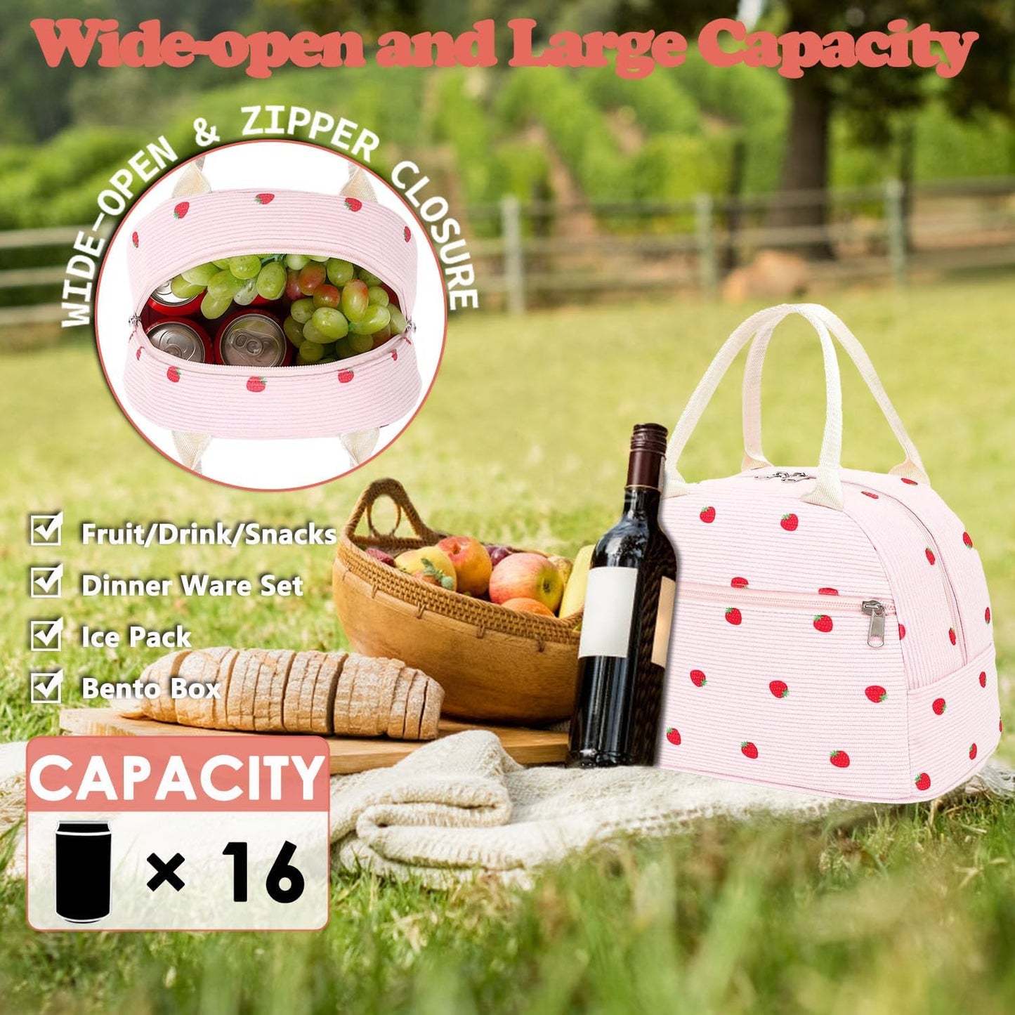 GYEUKHAM Lunch Bag Women, Lunch Box for Adult Men Kids Girls, Small Cute Lunchbox Tote Large Capacity Insulated Lunch Container Cooler for Work School Picnic Travel, Black White Stripes