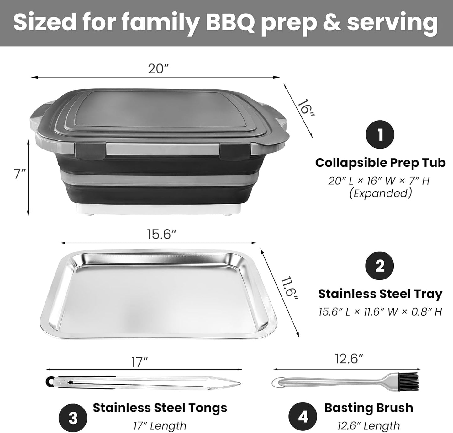 16L Collapsible BBQ Prep Tub Set with Lid, Tray, Tongs & Brush | Prep, Marinate, Carry, Grill & Serve Food in One Organized BBQ System