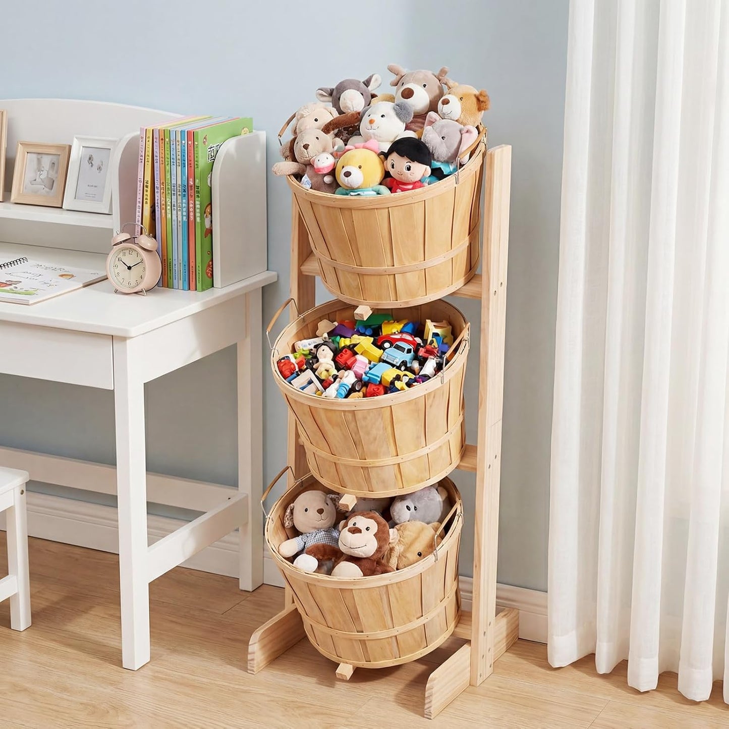 Gerrii 1 Pcs Large Solid Wood Bushel Barrel Display with 3 Half Bushel Basket, Farmers Market Floor Display with Handles, Retail Harvest Basket for Fruit, Vagatables, Candy, Small Crafts, Produce