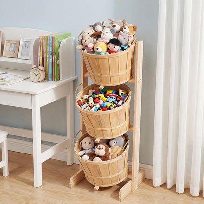 Gerrii 1 Pcs Large Solid Wood Bushel Barrel Display with 3 Half Bushel Basket, Farmers Market Floor Display with Handles, Retail Harvest Basket for Fruit, Vagatables, Candy, Small Crafts, Produce
