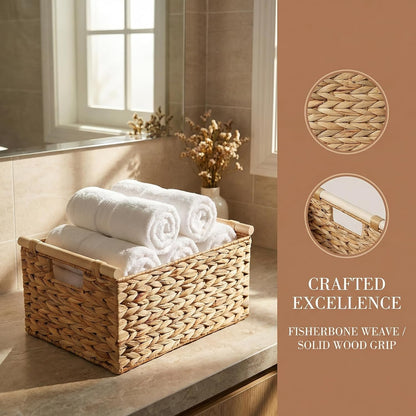 Water Hyacinth Woven Storage Basket, Rectangular Wicker Basket with Handle | Wooden Handle, Natural Water Hyacinth, Handwoven, Living room, bedroom, bathroom, shelf, utility room, towels, magazines