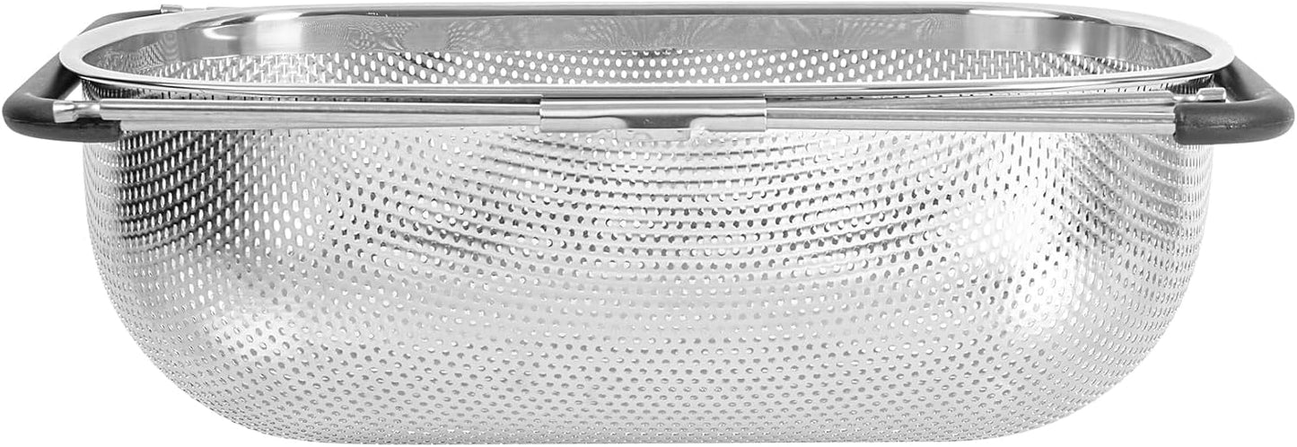 Restaurantware Colander 1 Count 5.5 qt Dishwasher-Safe Stainless Steel Coarse Mesh Colander with Over-The-Sink Expandable Handles Kitchen Strainer Basket for Pasta, Fruits, and Vegetables