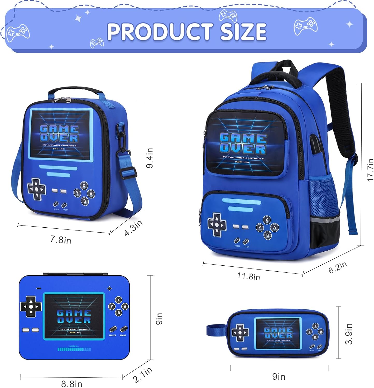 ACESAK Game luminous Boys Backpack - Bento Box with Insulated Lunch Bag Pencil Case, Utensils Set for Kids, 6 Leakproof Compartments Removable Tray Lunches or Snack Container (Blue)
