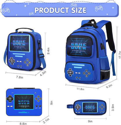 ACESAK Game luminous Boys Backpack - Bento Box with Insulated Lunch Bag Pencil Case, Utensils Set for Kids, 6 Leakproof Compartments Removable Tray Lunches or Snack Container (Blue)