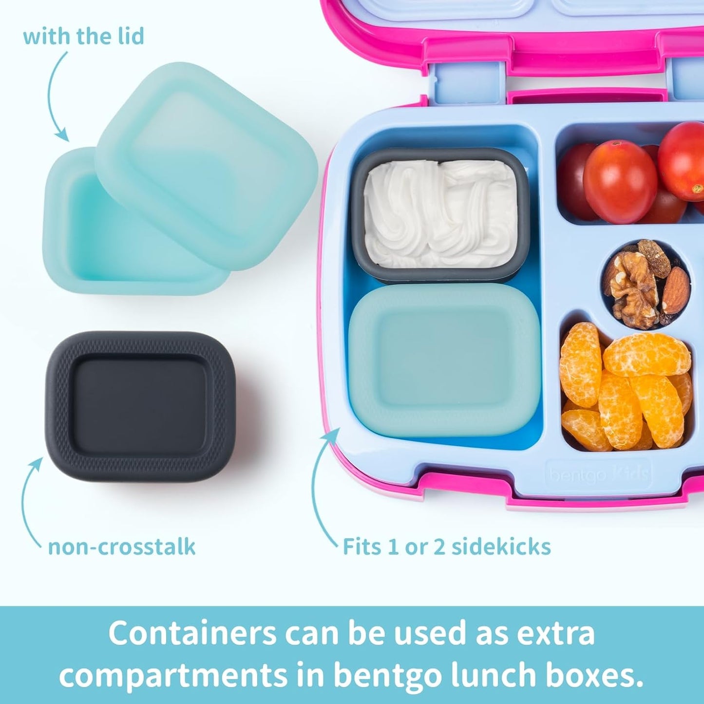 MICEBAY 2-Pack Leak-Proof Salad Dressing Container To Go, Food Grade Silicone Sauce Containers for Bentgo Lunch Box, Reusable Condiment Cups with Lids for Small Snacks - 2.6 oz (Sky Blue & Black)