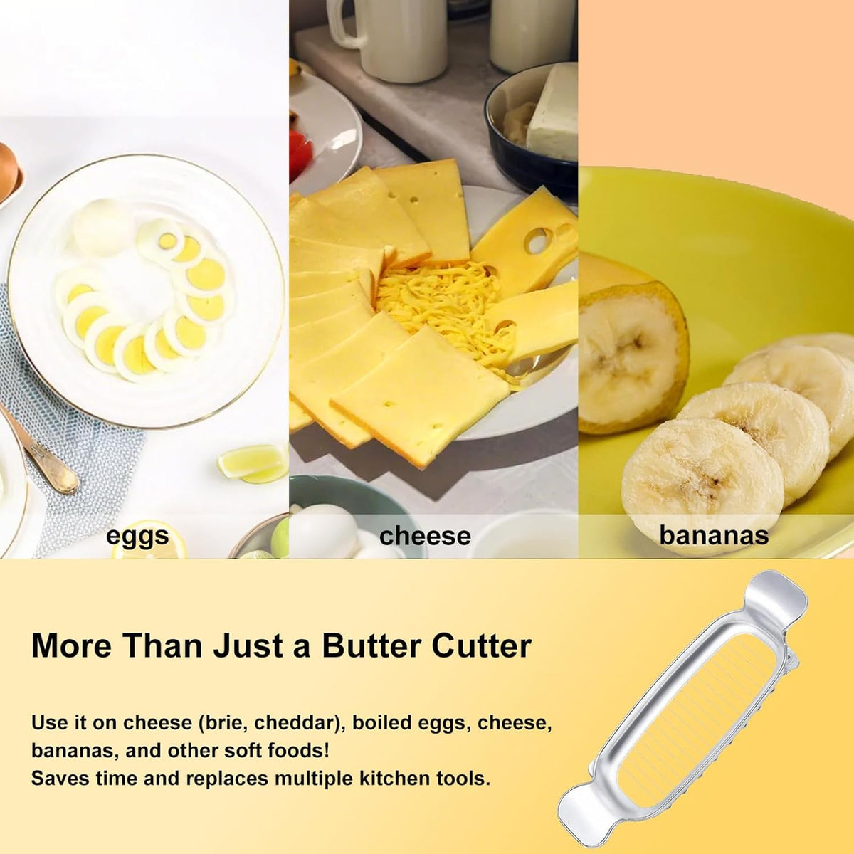 Butter Slicer Cutter & Cheese Cutter–Multi-Use Kitchen Tool for Evenly Slicing Butter Blocks, Cheeses, Eggs & Soft Fruits–Non-Stick，Compact & Portable for Home, BBQ, Camping（)