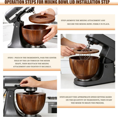 LOVIVO Premium Acacia Wood 5 Quart Mixing Bowl with Splash-Proof Lid, Compatible with KitchenAid 4.5-5 Qt Tilt-Head Stand Mixers, Wooden Bowl for Stand Mixer with Stainless Steel Locking Base