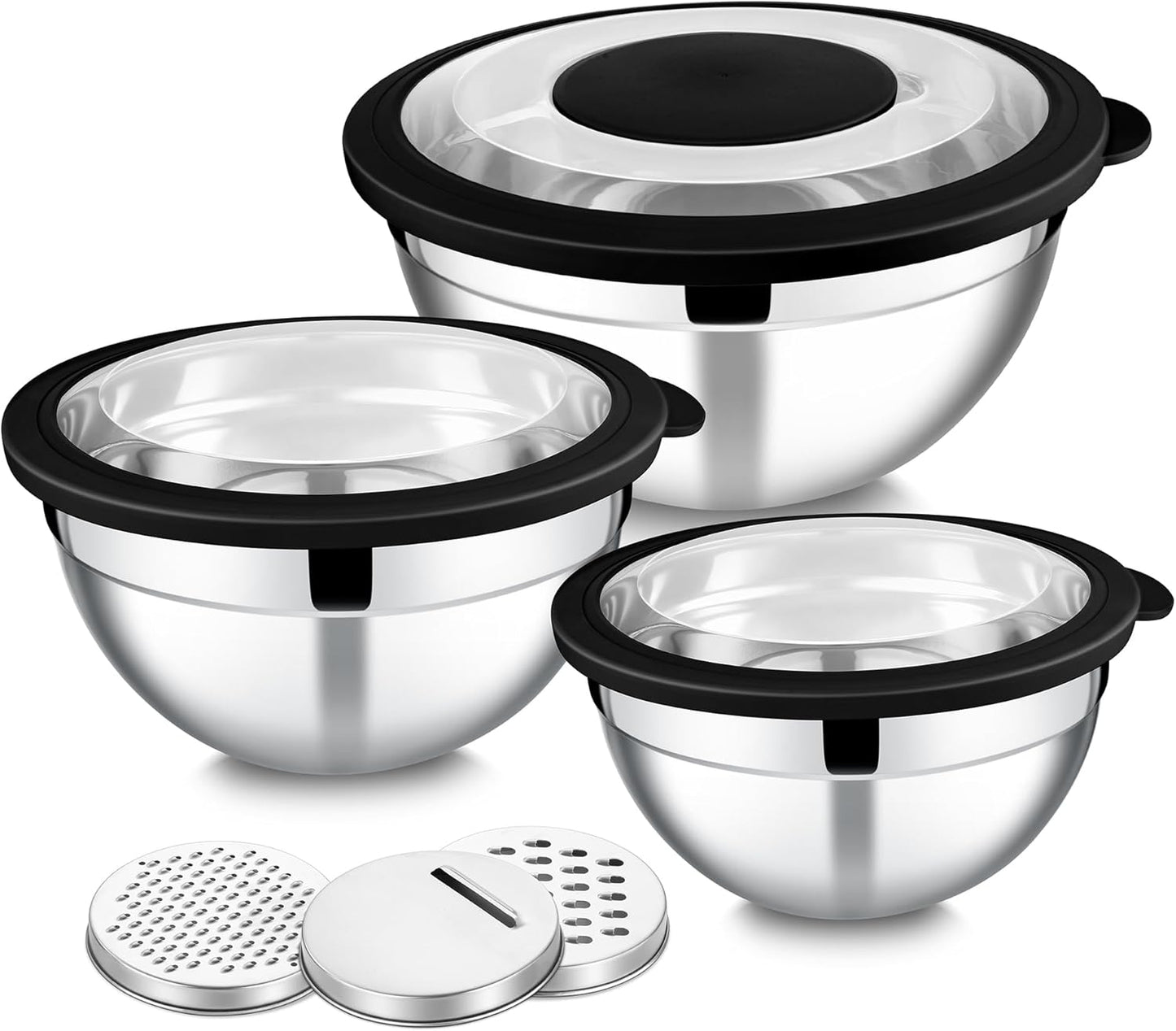 E-far Mixing Bowls Set of 5, Stainless Steel Salad Mixing Bowl with Transparent Lid, Metal Nesting Bowl Attach with 3 Graters for Kitchen Prepping/Serving/Baking/Storage, 4.6/2.6/1.5/1/0.7 QT - Black