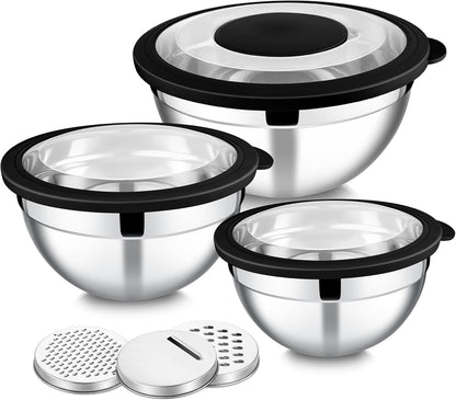 E-far Mixing Bowls Set of 5, Stainless Steel Salad Mixing Bowl with Transparent Lid, Metal Nesting Bowl Attach with 3 Graters for Kitchen Prepping/Serving/Baking/Storage, 4.6/2.6/1.5/1/0.7 QT - Black
