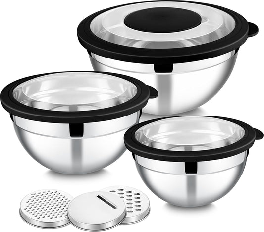 E-far Mixing Bowls Set of 5, Stainless Steel Salad Mixing Bowl with Transparent Lid, Metal Nesting Bowl Attach with 3 Graters for Kitchen Prepping/Serving/Baking/Storage, 4.6/2.6/1.5/1/0.7 QT - Black