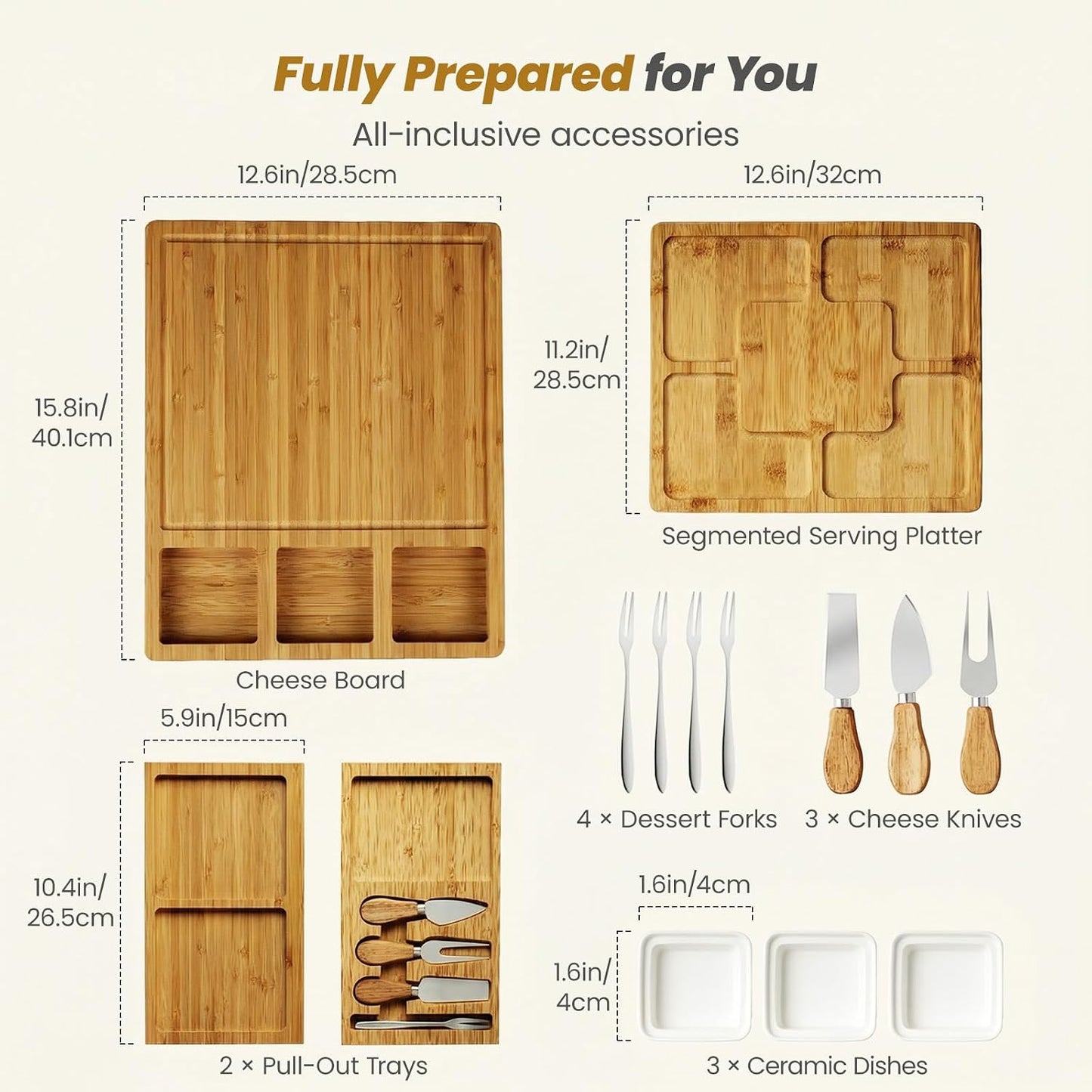 Large Charcuterie Board Set with Knife Set, 12.6" × 11.2" Square Fruit Tray, Bamboo Cheese Platter (Double-Drawer), Great for Group Gatherings, House Warming Gifts New Home, Birthday Gifts for Women