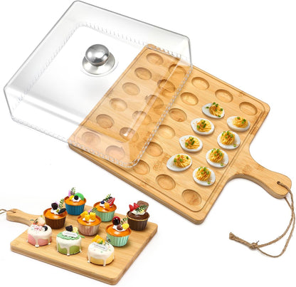 Vercraft Easter Wooden Deviled Egg Platter with Lid and Handle 30 Holes Round Deviled Egg Tray Reversible Charcuterie Board Wooden Serving Tray Containers Holder for Countertop Easter(Bamboo)
