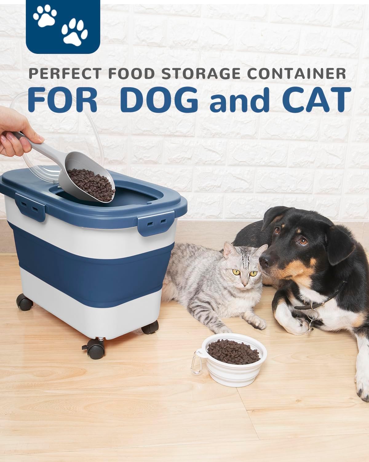 20-23 Lbs Dog Food Storage Container - Collapsible Dog Food Container with Attachable Casters and Scoop,Travel Silicone Bowl, Pet Food Storage Containers to Keep Dry Food Fresh,Easy to Move