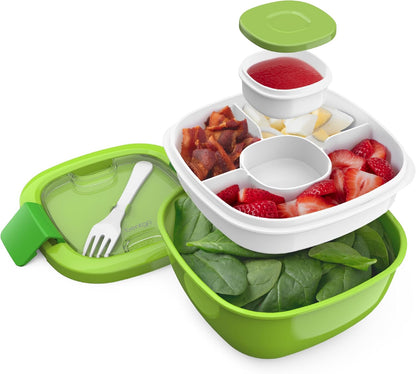 Bentgo Salad Container - 54 oz Bowl with 4-Compartment Toppings Tray, Leak-Proof Dressing Container, Reusable Fork, BPA-Free Lunch Box for Meal Prep & Food Storage; Removable Bento Tray (Khaki Green)