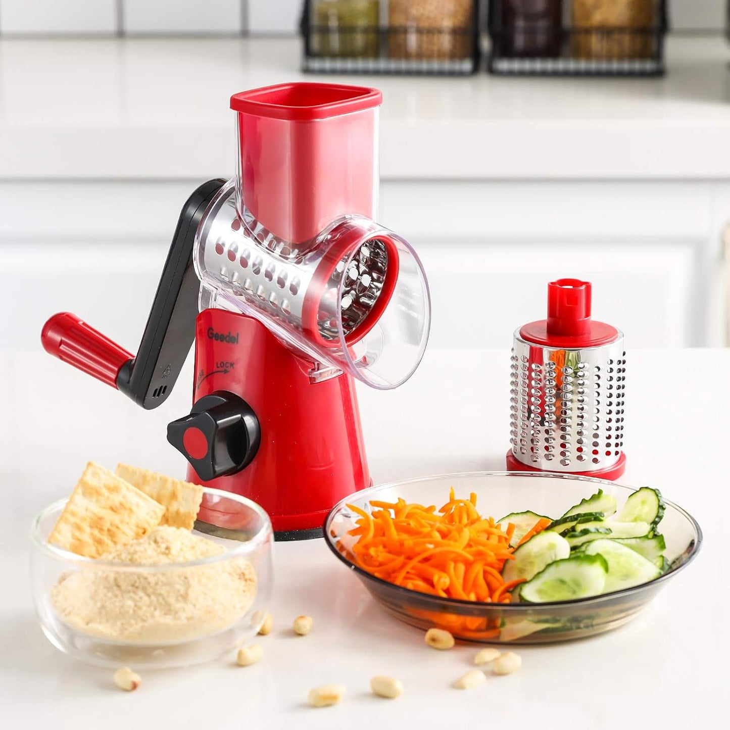 Geedel Rotary Cheese Grater, Kitchen Mandoline Vegetable Slicer with 3 Interchangeable Blades, Easy to Clean Rotary Grater Slicer for Cheese, Vegetables, Nuts