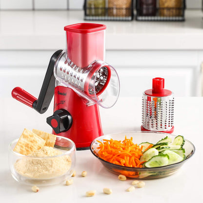 Geedel Rotary Cheese Grater, Kitchen Mandoline Vegetable Slicer with 3 Interchangeable Blades, Easy to Clean Rotary Grater Slicer for Cheese, Vegetables, Nuts