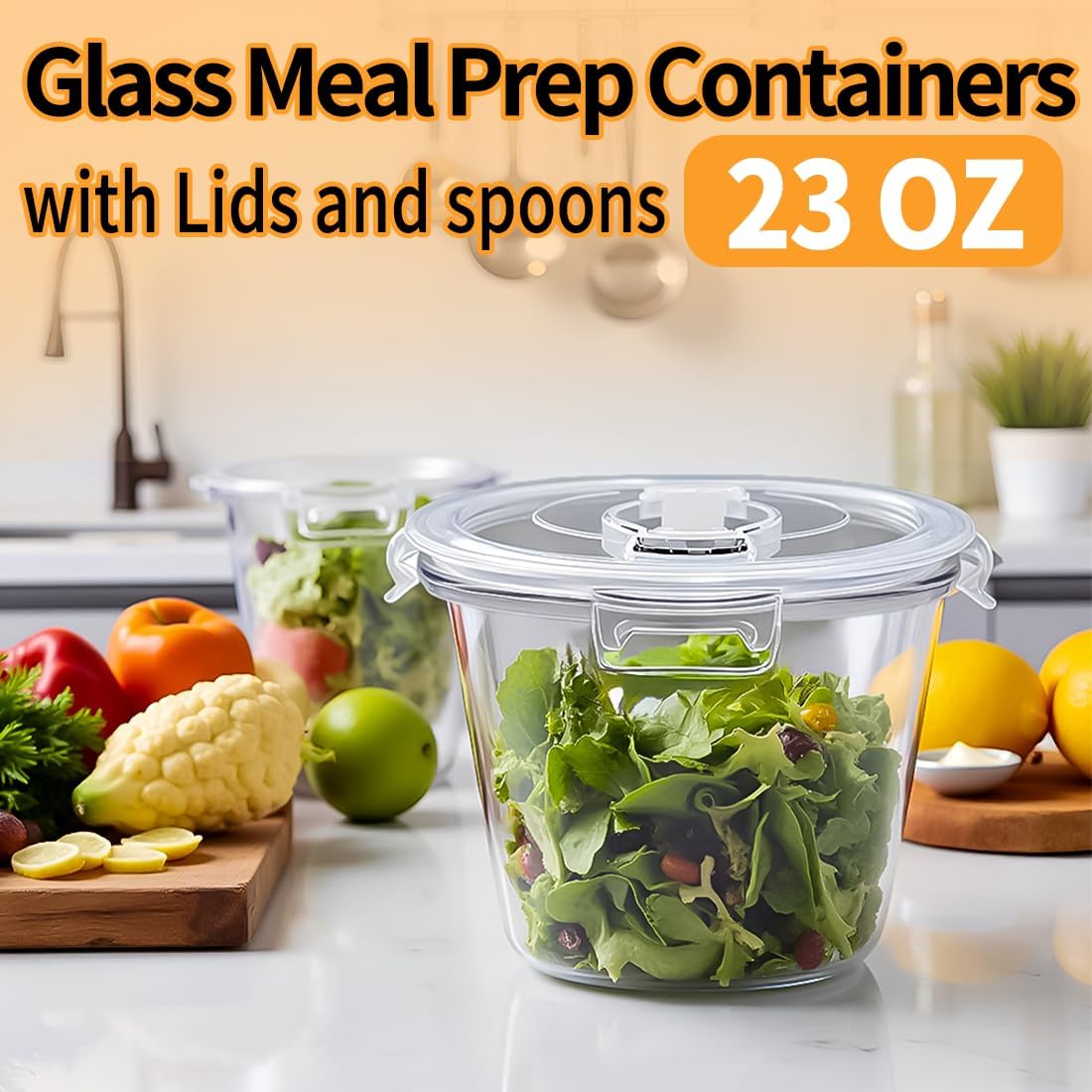 H.JSS WDJS 3Cup Round Glass Food Storage Containers with Airtight lids, 23oz Glass Meal Prep Containers, Heat-Resistant BPA-Free for Soup Leftover, Microwave, Dishwasher and Fridge Safe (white-4Pack)