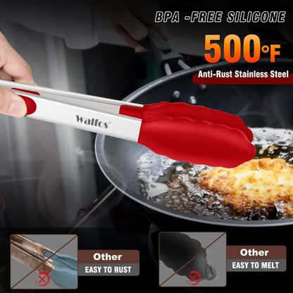 Walfos Kitchen Tongs for Cooking, 600℉ Heat Resistant Stainless Steel Tongs, All Metal Heavy Duty Tongs For Food ,BBQ Grilling - 7 ，9 and 12 Inch ,Set of 3