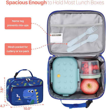Kids Lunch Bag Boys - Insulated Kids Lunch Box Reusable Lunchbox with Water Bottle Holder Toddler Lunch Tote Bag for School Daycare, Black Dino Fossil