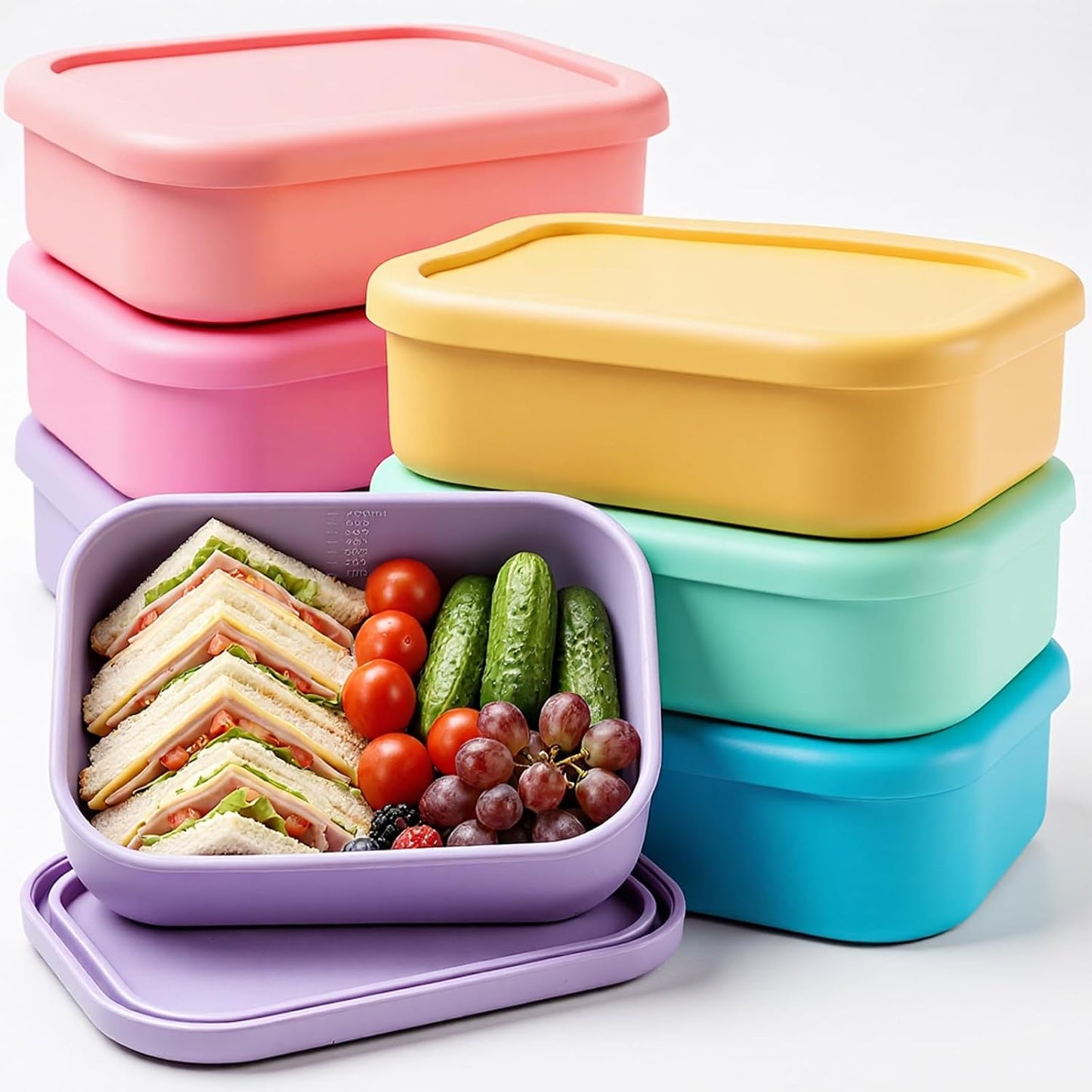 Layhit 4 Pcs Silicone Bento Box Lunch Box for Adult, 23.7 oz Reusable Sandwich Containers Food Storage with Lids Airtight for Lunch Meals Snacks, Dishwasher Freezer Safe (Matte Multicolor)