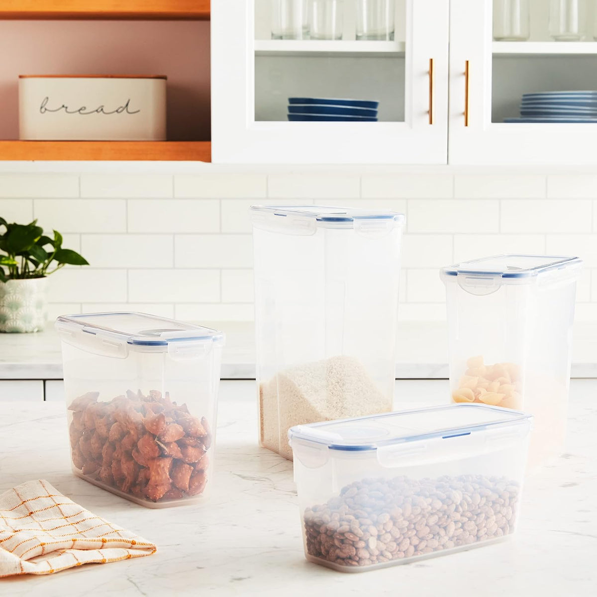 Lock & Lock Easy Essentials Food Storage Bin Set for Pasta, Flour, Sugar/Airtight Container Lids/BPA-Free/Dishwasher Safe, 8 Piece - Clear