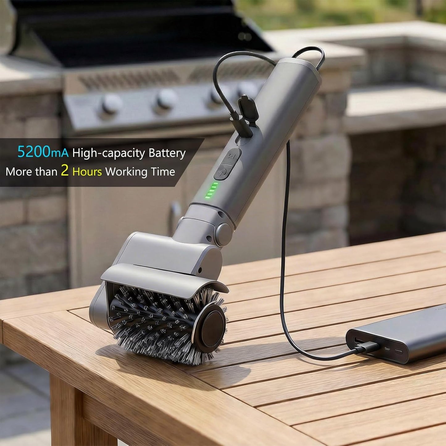 Cordless Electric Grill Brush with Adjustable Angle, 3-Speed Power Motor & Stainless Steel Head - Rechargeable, 90-Min Runtime, Waterproof Grill Cleaner for BBQ Grates & Griddles (Black)