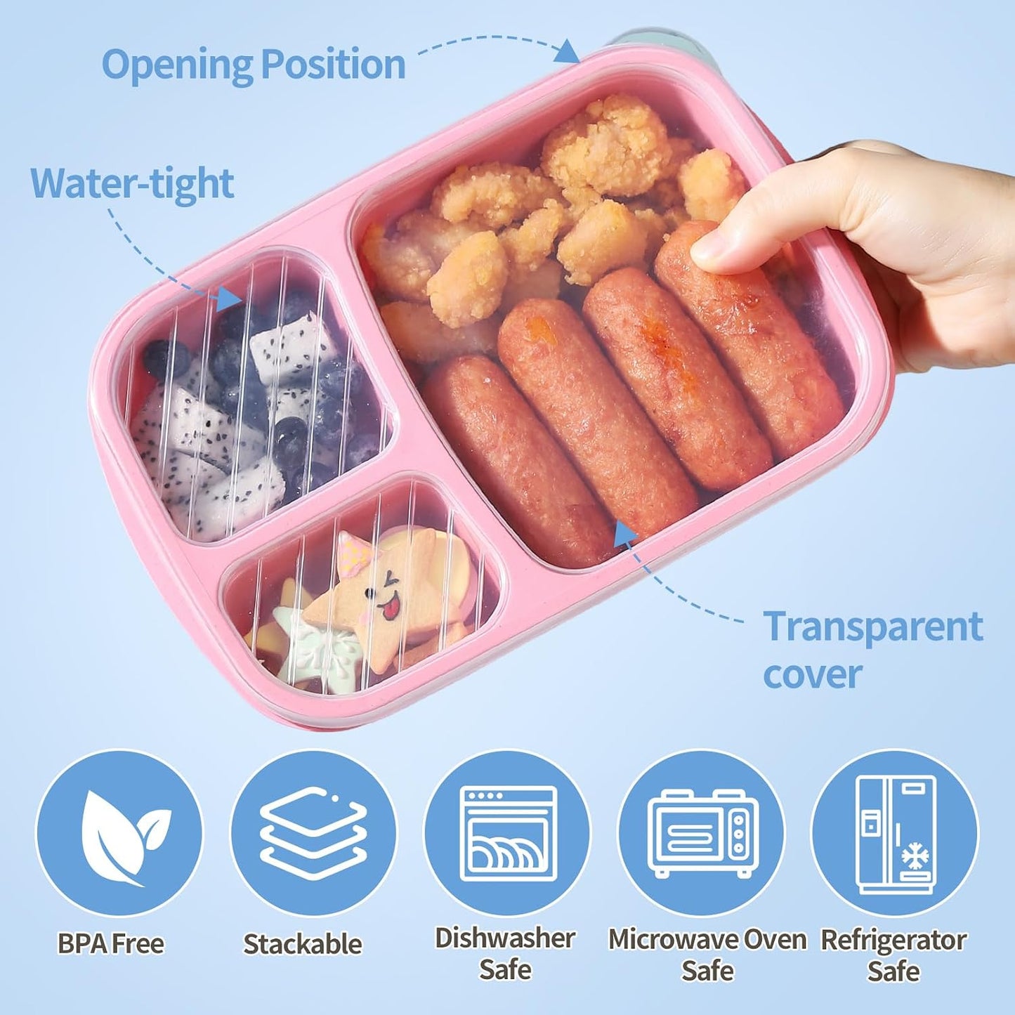 Bento Box Adult Lunch Box - 3 Pack,3-Compartment Leak-Proof Bento Boxes Ideal Portion Sizes for Kids , Reusable Food Storage Snack Containers,Microwave and Dishwasher Safe & Food-Safe Materials (blue)